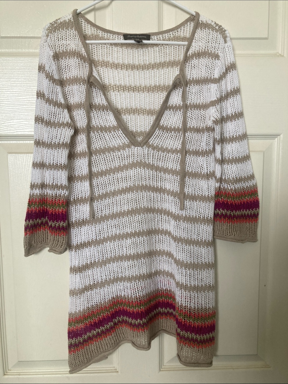 Tommy Bahama White and Tan Striped Open-Knit Tunic with Violet and Coral Bands
